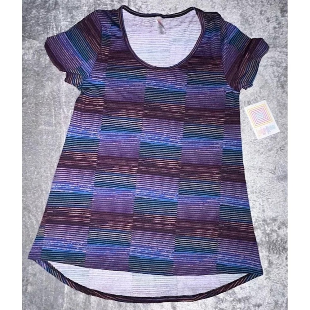 LuLaRoe‎ Irma Tunic Top Womens XXS Purple Blue Striped High Low Short Sleeve NWT
